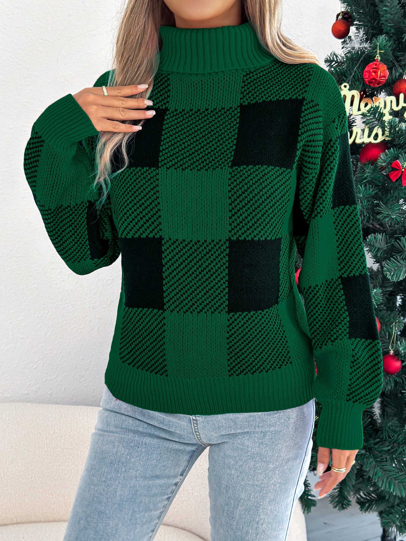 Casual Color Block Plaid Lantern Sleeve High Neck Sweater