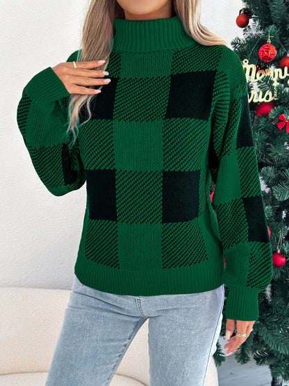 Casual Color Block Plaid Lantern Sleeve High Neck Sweater