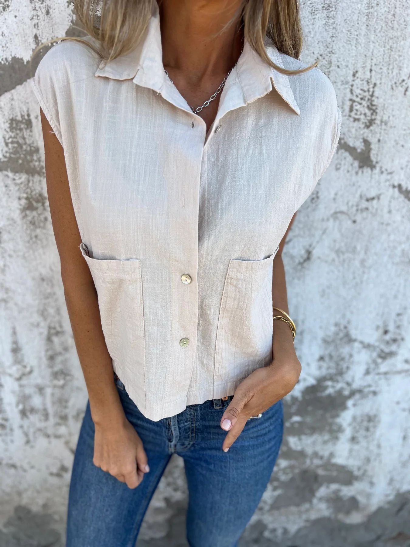 Casual Loose Short Sleeves Button Pocket Cotton Linen Shirt Women