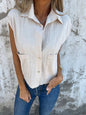 Casual Loose Short Sleeves Button Pocket Cotton Linen Shirt Women