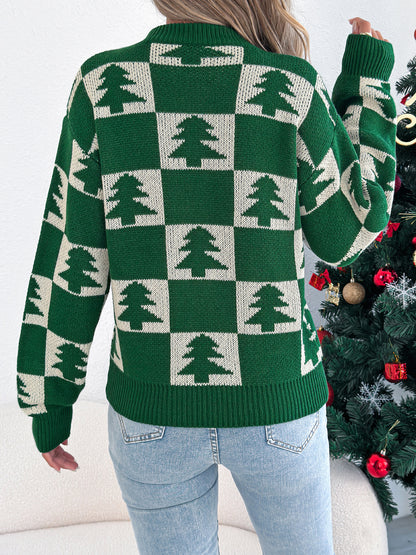 Christmas Tree Plaid Lantern Sleeve Pullover Sweater