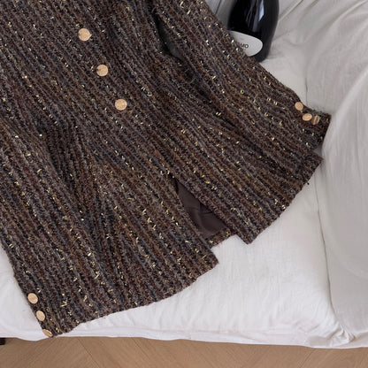 Brown Old Money Style Coat Women's Tight Waist Slim Fit Gold Buckle Handsome Wool Coat