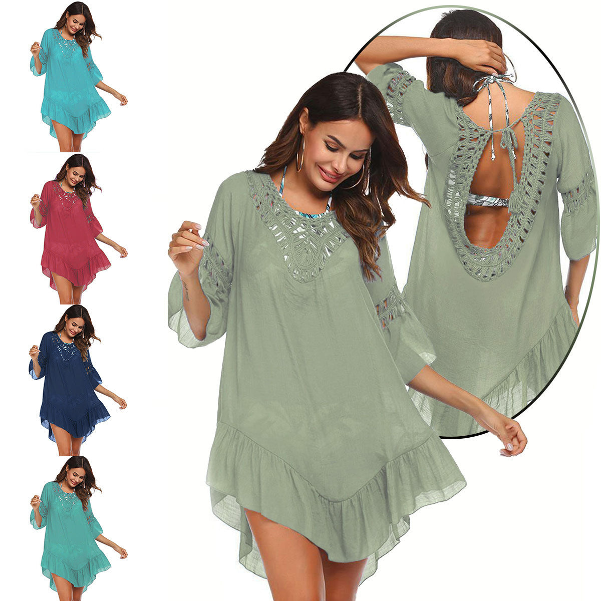 Hand Crocheting Stitching Smock Dress Beach Cover-up Slub Cotton Crochet
