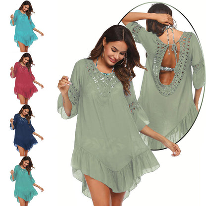 Hand Crocheting Stitching Smock Dress Beach Cover-up Slub Cotton Crochet