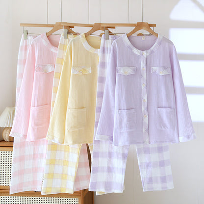 Spring Summer Cotton Gauze Thin Loose Long Sleeve Cardigan Homewear Suit