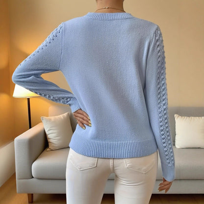 Solid Color Hollow Elegant Round Neck Long Sleeve Sweater