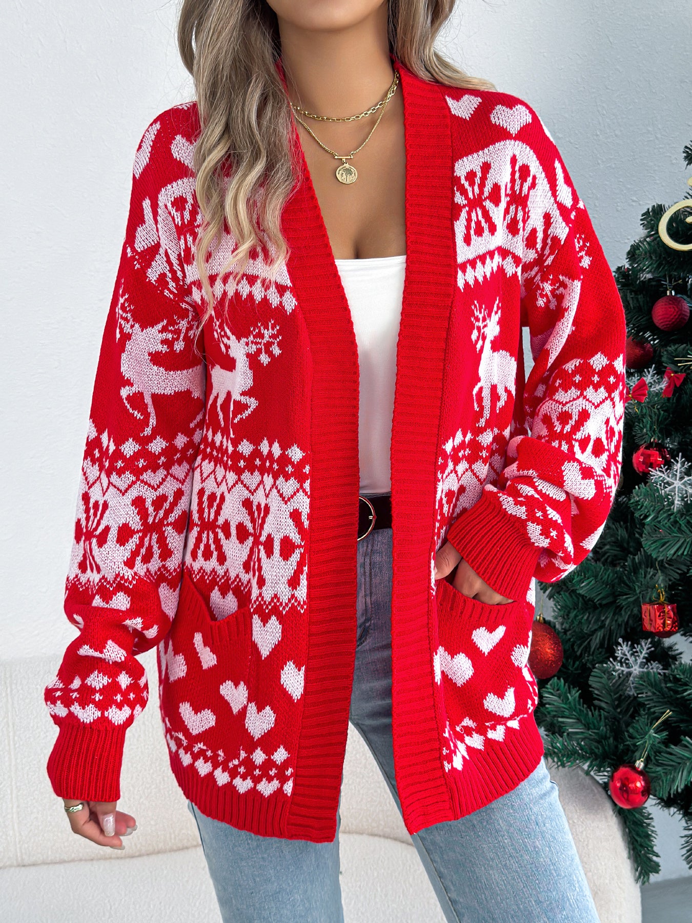 Christmas Deer Pocket Long Sleeve Cardigan Sweater Coat