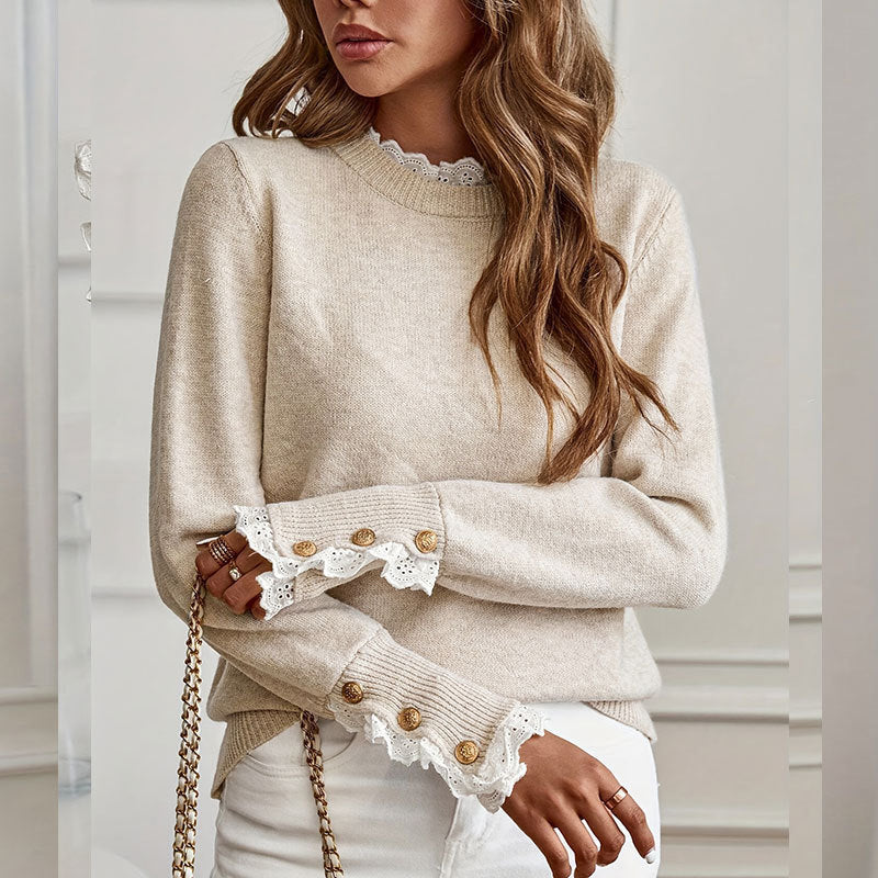 Women's Lace Trim Mock Neck Sweater - Cozy Fall Pullover With Elegant Button Detail