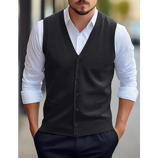 Casual Vest Solid Color Sleeveless Four Seasons Wool Knit Cardigan Men's Vest