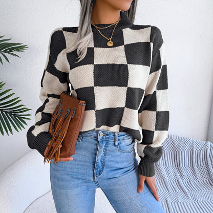 Street Style Color Block Plaid Long Sleeve Pullover Knit Sweater
