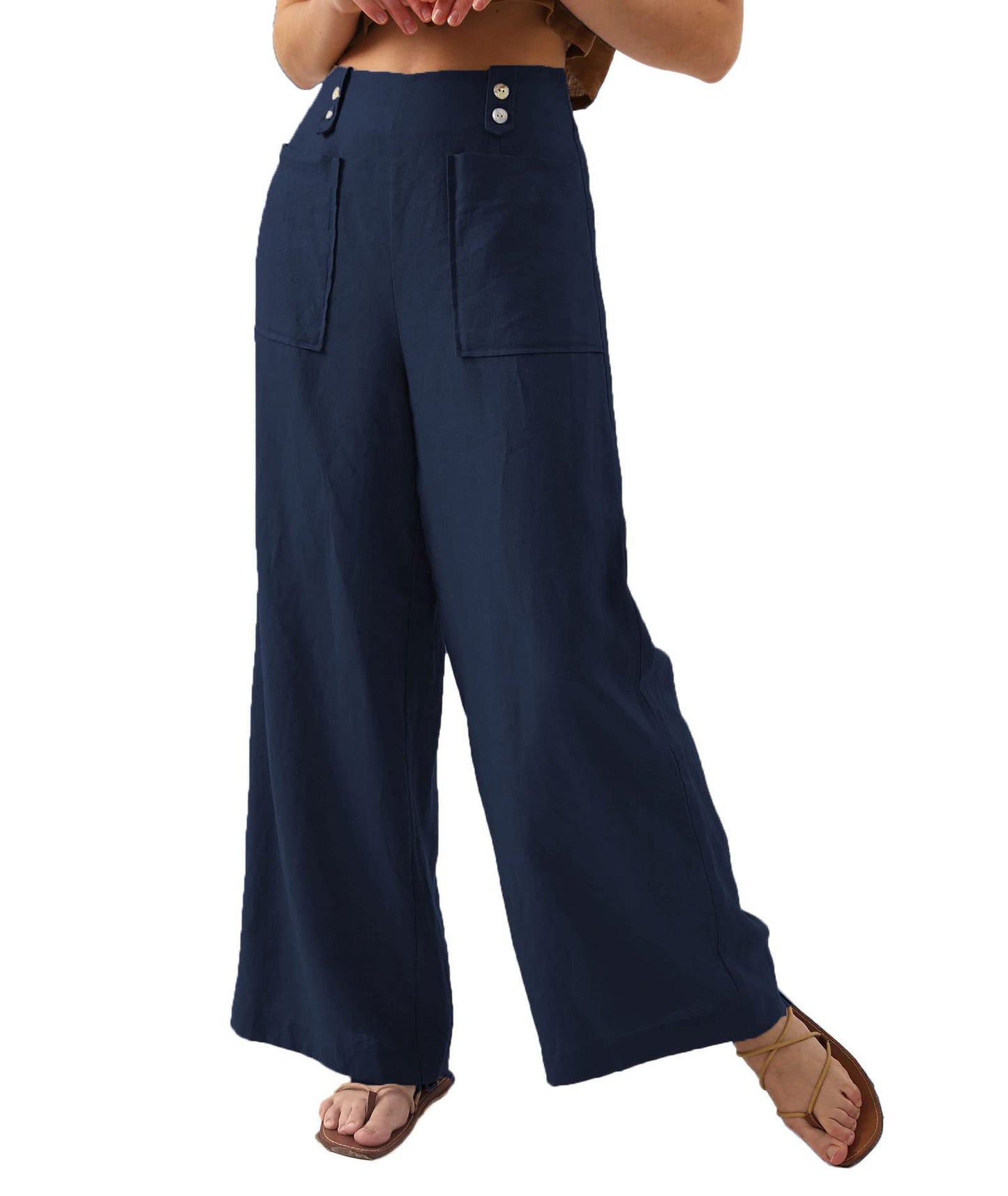 Solid Color Button High Waist Wide Leg Casual Pants Women