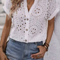 Solid Eyelet Button Front Shirt Casual Short Sleeve Shirt
