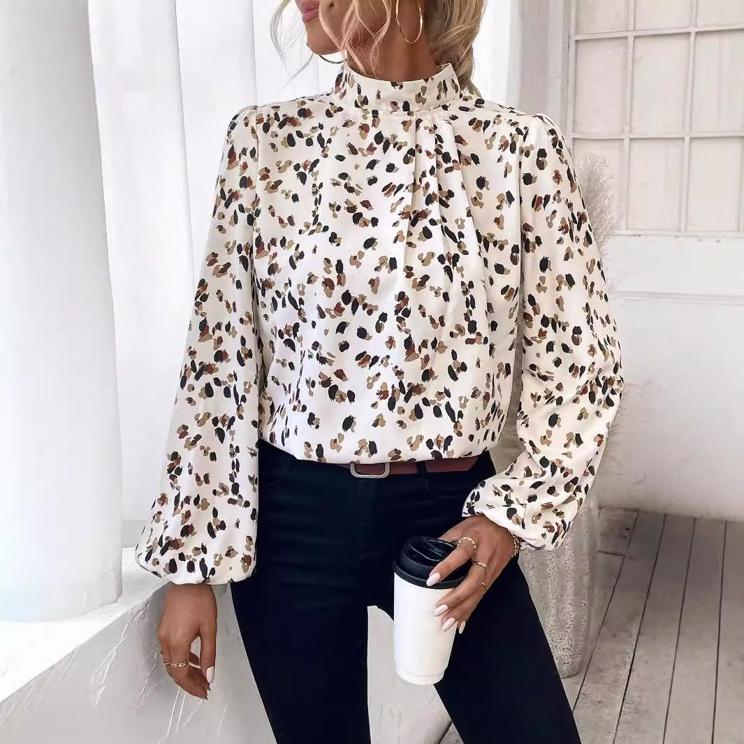 Printed Stand Collar All-matching Long Sleeve Top Women