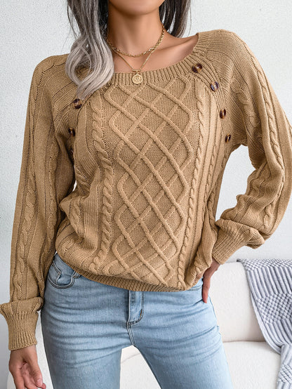 Casual Square Neck Buttoned Cable Knit Pullover Sweater
