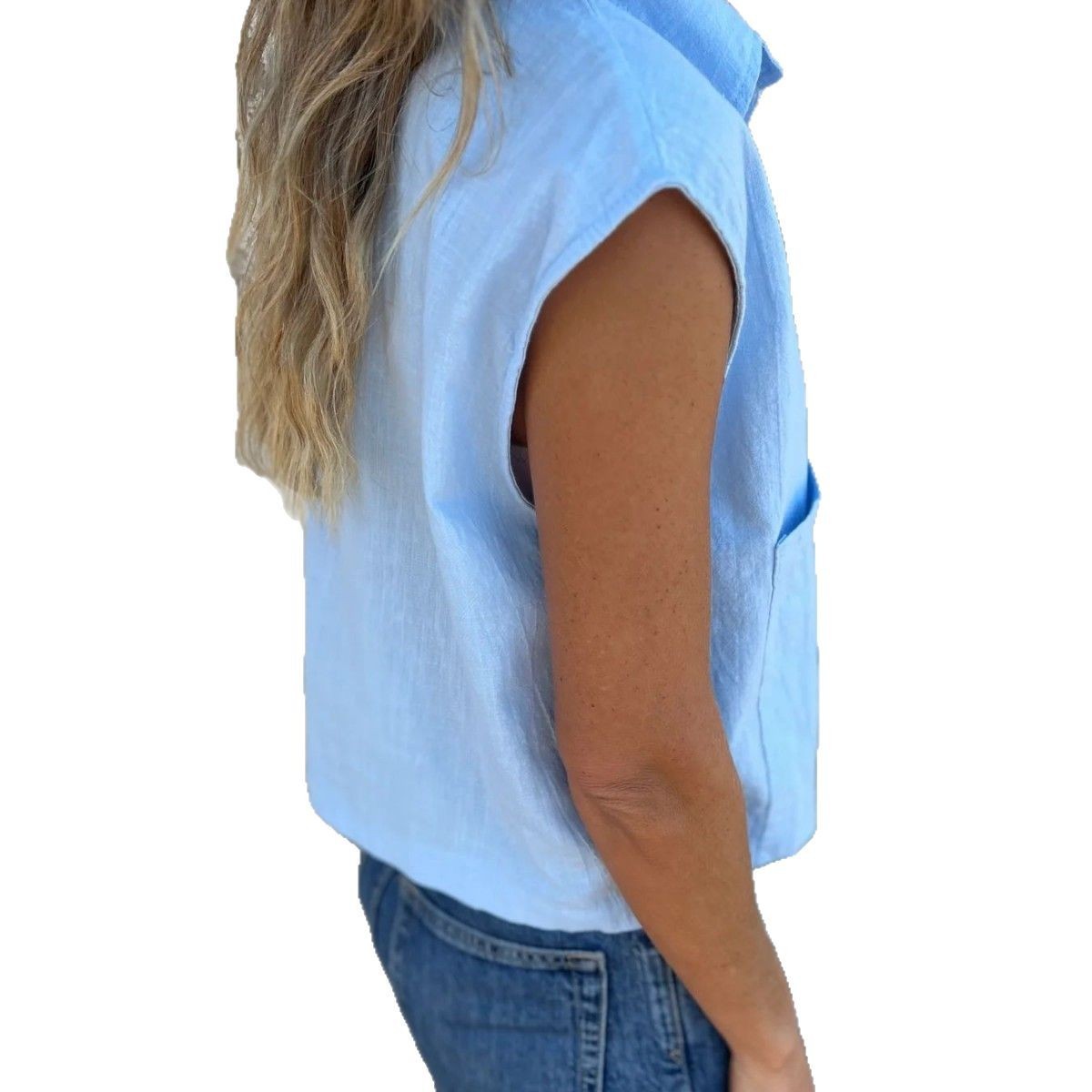 Casual Loose Short Sleeves Button Pocket Cotton Linen Shirt Women