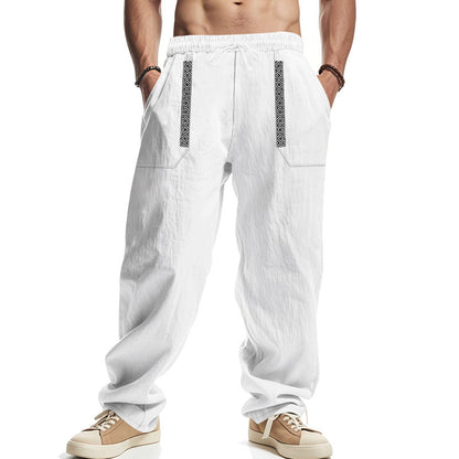 Mens Breathable Loose-fit Wide-leg Casual Linen Pants
