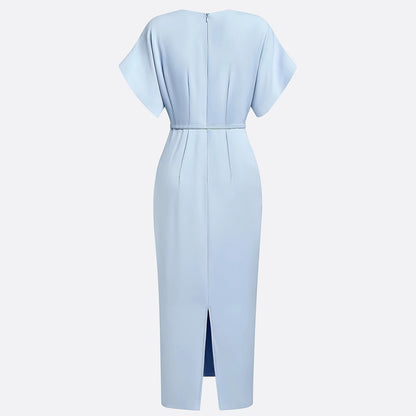 Elegant Classic V-neck Slim-fit Mid-length With Belt Dress