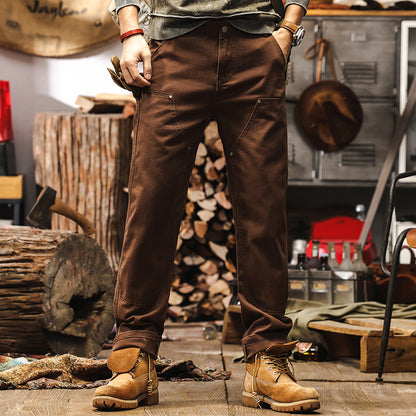 Retro Coffee-colored Denim Straight-leg Casual Trousers