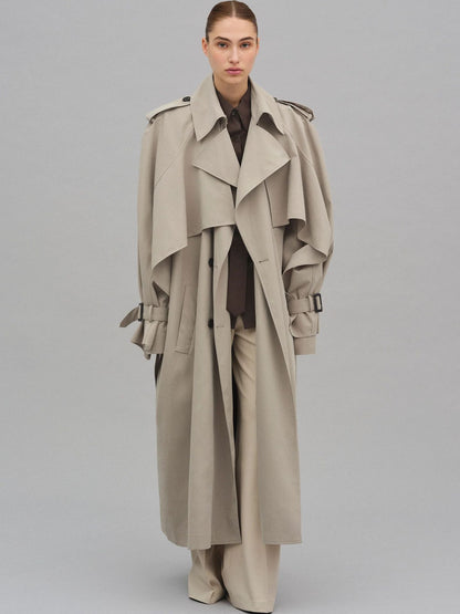 Women's Long Khaki Belted Cape Trench Coat