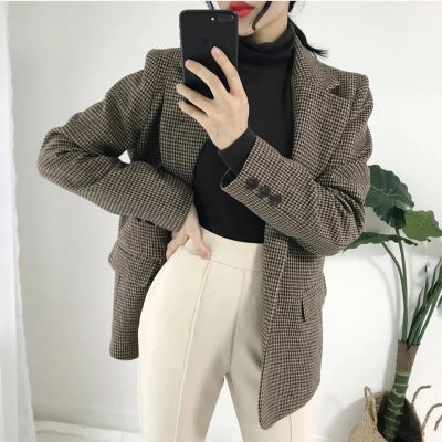 Houndstooth Retro Loose Slimming Woolen Blazer