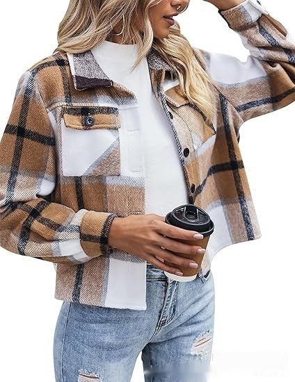 Top Women's Flannel Short Jacket Plaid Button Shirt