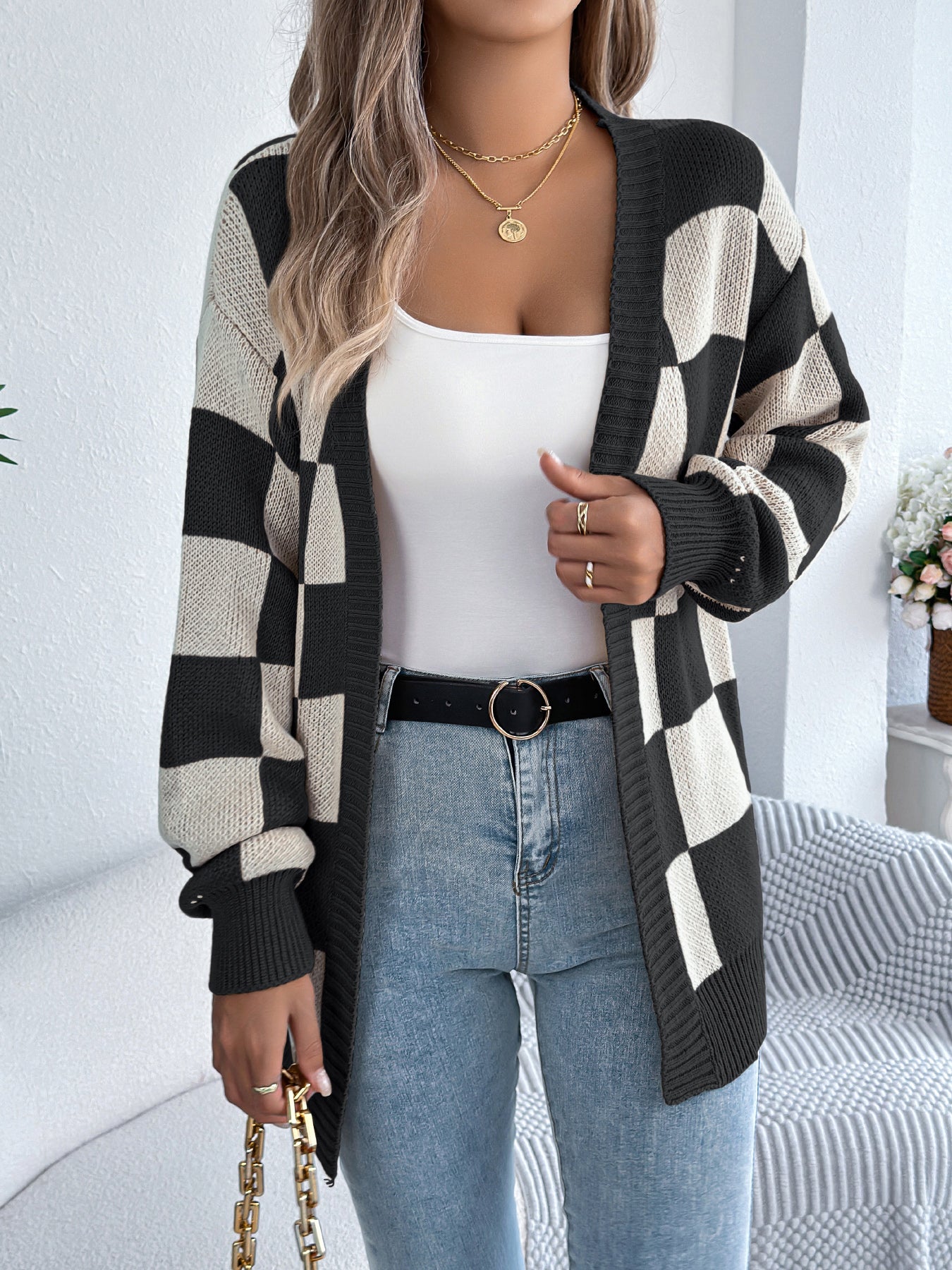 Color Block Plaid Lantern Sleeve Cardigan Sweater Mid-Length Coat