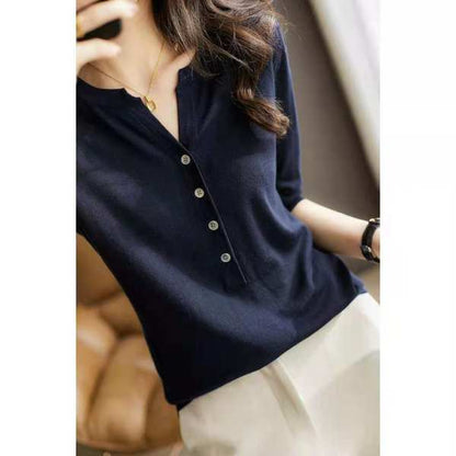 Knitwear Women's V-neck Fashion Half-open Collar Breasted Top