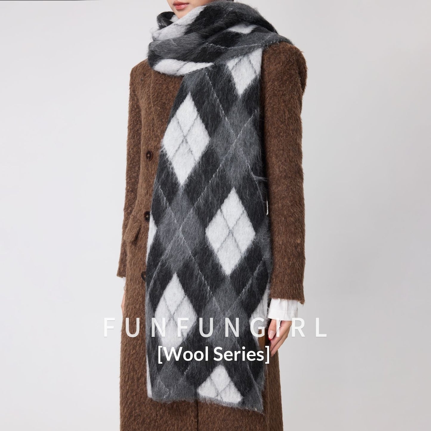 Diamond Pattern Retro Scarf With Wool Neck Warmer