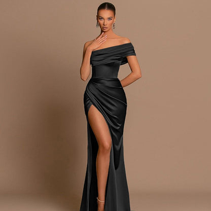 Elegant Off Shoulder Satin Slit Dress, Wedding Extra Long Formal Gown, Christmas Party Dress, Bridesmaid Dress