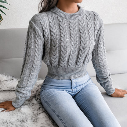 Cable Knit Waist Cinched Cropped Sweater