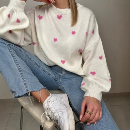 Knitted Heart Round Neck Casual Sweater