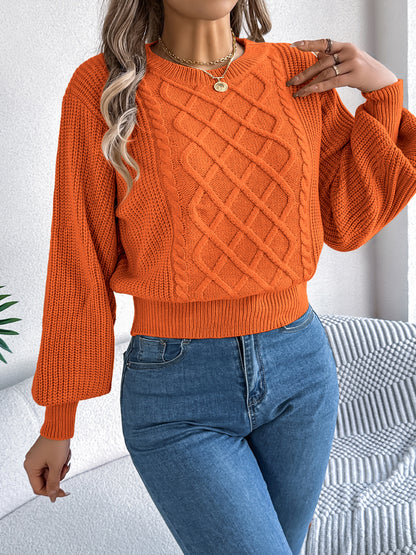 Solid Color Cable Knit Lantern Sleeve Cinched Pullover Sweater