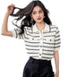 Elegant Polo Collar Striped Women's Contrast Colors Slimming Knitted Short Sleeve