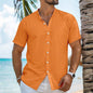 Men's Solid Color Cardigan Henry Collar Short Sleeve Cotton And Linen Shirt