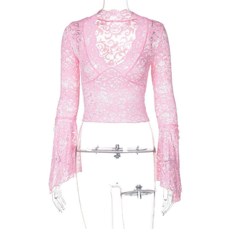 Sexy Deep V Neck Slim Fit Cropped Long Sleeve Blouse With Lace Trim - Floral Print Women's Tops For Fashionable Outfits