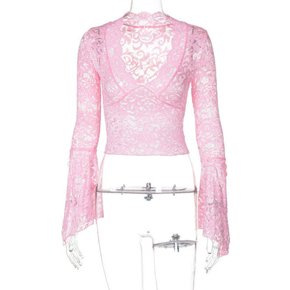 Sexy Deep V Neck Slim Fit Cropped Long Sleeve Blouse With Lace Trim - Floral Print Women's Tops For Fashionable Outfits