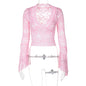 Sexy Deep V Neck Slim Fit Cropped Long Sleeve Blouse With Lace Trim - Floral Print Women's Tops For Fashionable Outfits