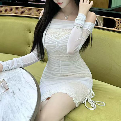 Off-shoulder Design Slim-fit Solid Color Dress