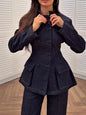 Dark Blue Denim Peplum Jacket And Flared Pants Set