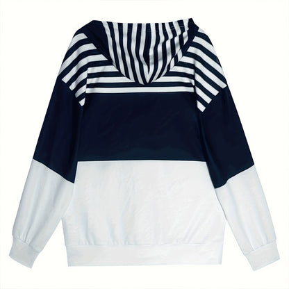 Plus Size Women's Long Sleeve Drawstring Hooded Sweatshirt With Color Block Stripes & Zip Front Pocket For Spring Fall