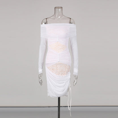 Off-shoulder Design Slim-fit Solid Color Dress