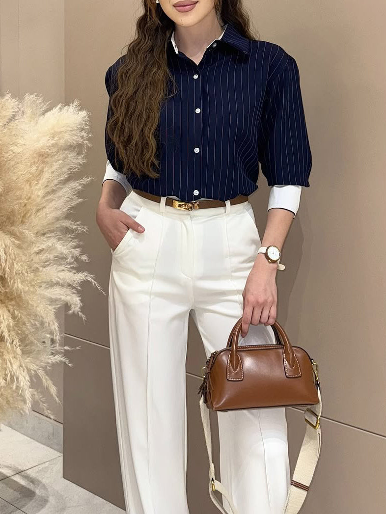 Navy Blue Pinstriped Shirt And Mermaid Skirt Set