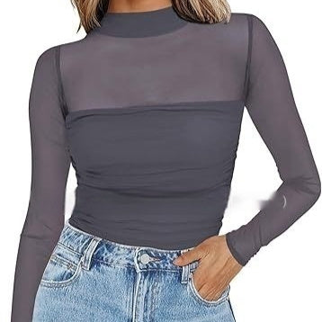 Pure Color Half Collar Mesh Stitching Sexy Top