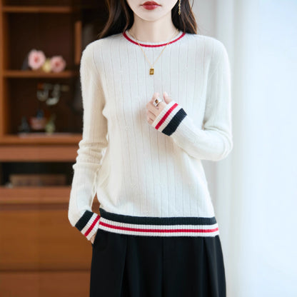 One-line Color-blocked Wool Sweater Women's Round Neck Trendy Design Loose