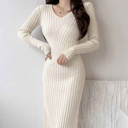 Hip Skirt Long Sleeve Knitted Dress Women