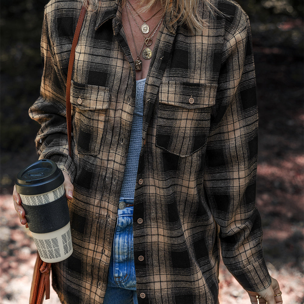 Women's Multi-color Retro Plaid Double-layer Flip Pocket Shirt