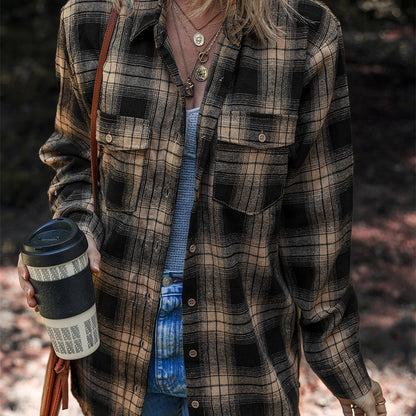 Women's Multi-color Retro Plaid Double-layer Flip Pocket Shirt