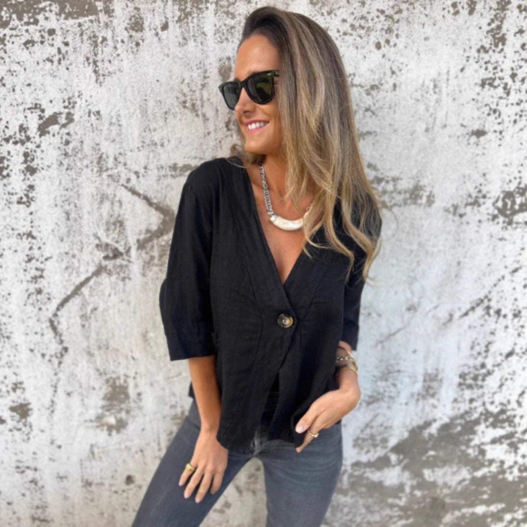 Casual Women's V-neck Cotton And Linen Solid Color ShirtT-shirt