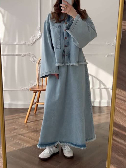 Light Blue Denim Jacket And Maxi Skirt Set