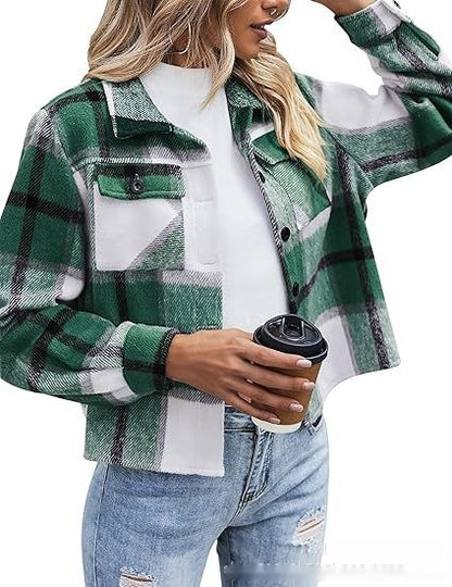 Top Women's Flannel Short Jacket Plaid Button Shirt
